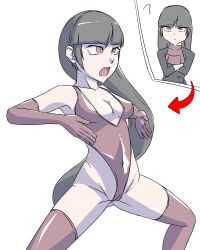  absurdres bangs before_and_after black_hair body_control breasts cameltoe cleavage collarbone crossed_arms empty_eyes erect_nipples_under_clothes eyebrows_visible_through_hair female_only femsub gloves haigure large_breasts nintendo one-piece_swimsuit open_mouth opera_gloves pokemon pokemon_let&#039;s_go pyomo1 red_eyes sabrina simple_background spread_legs standing straight-cut_bangs swimsuit thighhighs very_long_hair white_background 