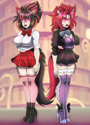  absurdres animal_ears boots bow_tie breasts brown_hair cleavage cleavage_cutout expressionless female_only femsub glowing glowing_eyes high_heels hourglass_figure jacket large_breasts long_hair multiple_girls multiple_subs original red_eyes red_hair ribbon school_uniform shirt short_skirt skirt spiralwash_eyes standing standing_at_attention thigh_boots thighhighs zorro-zero 