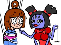  breasts femdom frisk_(undertale) happy_trance large_breasts muffet open_mouth pendulum spider spiral_eyes straight-cut_bangs symbol_in_eyes terrie undertale 