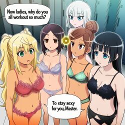  absurdres ai_art akemi_soryuin ayaka_uehara black_hair blonde_hair bra brown_hair empty_eyes english_text expressionless femsub gina_boyd gyaru hellsing002_(generator) hibiki_sakura how_heavy_are_the_dumbbells_you_lift? large_breasts lingerie locker_room long_hair midriff mole multiple_girls multiple_subs navel pale_skin panties pendulum satomi_tachibana short_hair small_breasts speech_bubble standing_at_attention tan_skin text twintails underwear updo white_hair 