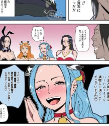 animal_ears bell bell_collar black_hair blue_eyes blue_hair blush boa_hancock brown_eyes buhimaru2121 bunny_ears bunny_girl bunnysuit cat_ears cheerleader closed_eyes collar cow_print cowbell dialogue earrings fake_animal_ears femsub leggings long_hair maid maid_headdress maledom multiple_girls multiple_subs nami_(one_piece) nefertari_vivi nico_robin one_piece orange_hair sweat text translation_request ugly_bastard underboob