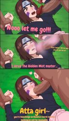  apron brown_eyes brown_hair doudoroquian fellatio glowing_eyes headband hypnotic_eyes hypnotic_penis hypnotic_smell manip naruto_(series) penis pink_eyes rape resisting restrained rin_nohara skirt 