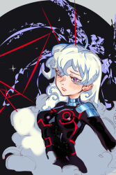 blue_eyes blush bodysuit bonbli complex_background corruption female_only femsub gurren_lagann long_hair nia_teppelin solo symbol_in_eyes tight_clothing white_hair