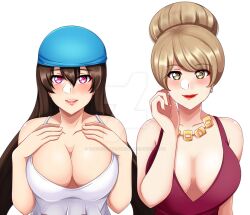  breasts cleavage crop_top dress earrings exposed_chest femsub hair_buns happy_trance huge_breasts lipstick long_hair necklace seductive_smile sexually_suggestive spiral_eyes symbol_in_eyes trainerashandred35 watermark 