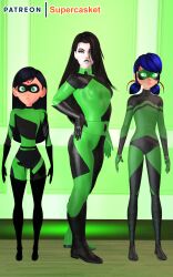  3d absurdres black_hair bodysuit cosplay disney female_only femsub hypnotic_accessory kim_possible_(series) latex long_hair marinette_dupain-cheng mask microchip miraculous_ladybug rope shego short_hair source_filmmaker super_hero supercasket tech_control the_incredibles twintails violet_parr 