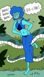 barefoot blue_hair blue_skin breasts chicken_pose cyl4s disney drool femsub harem_outfit kaa kaa_eyes lapis_lazuli large_breasts midriff pet_play snake steven_universe text the_jungle_book