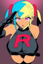 alternate_costume breast_expansion breasts canari_(pokemon) corruption enemy_conversion face_mask female_only femsub gloves glowing_eyes huge_breasts large_breasts looking_at_viewer mask multicolored_hair nintendo on_(artist) open_mouth pink_eyes pokemon pokemon_legends_z-a saluting solo tagme team_rocket thick_thighs thighs twintails