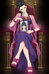  ace_attorney ai_art bad_end black_hair breasts capcom chair clothed crossed_legs dahlia_hawthorne dress evil_smile female_only femdom femsub grey_eyes long_hair looking_at_viewer maya_fey nail_polish necklace possession sitting solo toenail_polish transformation transparent_background 