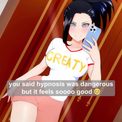  3d black_hair blush breasts cell_phone clothed collarbone female_only femsub happy_trance large_breasts mirror momo_yaoyorozu my_hero_academia phone ponytail selfie shirt shorts smile soundofcontrol spiral_eyes spiralwash_eyes standing symbol_in_eyes text 