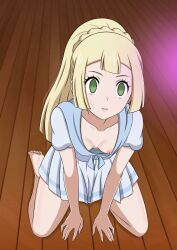 barefoot blonde_hair breasts cleavage clothed doggos_doujins empty_eyes erect_nipples female_only femsub flat_chest green_eyes hypnotic_light light_skin lillie_(pokemon) long_hair looking_at_viewer nintendo nipples open_mouth pale_skin pokemon pokemon_sun_and_moon ponytail skirt small_breasts squatting