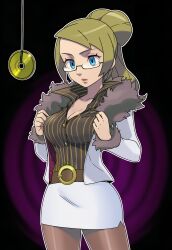 ai_art belt brenda_(pokemon) cleavage empty_eyes expressionless femsub fur_coat glasses hellsing002_(generator) jacket nintendo pantyhose pokemon pokemon_duel ponytail skirt spiral_background undressing