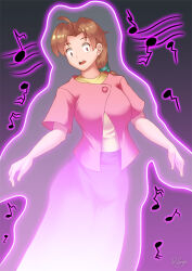 breasts brown_hair delia_ketchum female_only glowing gradient_background hadant hypnotic_audio hypnotic_music large_breasts long_hair magic nintendo open_mouth pokemon pokemon_(anime) shrunken_irises signature simple_background solo transformation