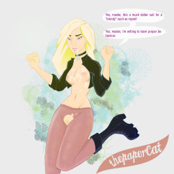 black_canary blonde_hair breasts collar cum cum_in_mouth cum_on_body cum_on_breasts dc_comics empty_eyes femsub long_hair pantyhose pubic_hair super_hero text thepapercat torn_clothes western