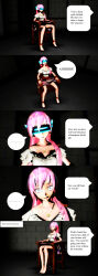 3d absurdres biliocho bondage breasts comic drool expressionless femsub high_heels large_breasts long_hair luka_megurine open_mouth pink_hair rope shrunken_irises spread_legs tech_control text vocaloid