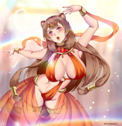 animal_ears bangs blush bracelet breasts brown_hair crown dancing empty_eyes female_only femsub hadant harem_outfit huge_breasts jewelry large_breasts leaning_forward midriff nail_polish pink_eyes raphtalia ribbon see-through signature simple_background solo standing straight-cut_bangs the_rising_of_the_shield_hero very_long_hair watermark