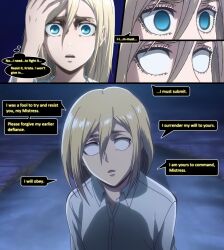  aliensdideverything_(manipper) attack_on_titan blonde_hair blue_eyes dialogue empty_eyes expressionless female_only femdom femsub hand_on_head heavy_eyelids historia_reiss long_hair manip open_mouth resisting text thought_bubble whitewash_eyes 