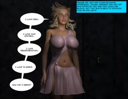  3d absurdres altered_common_sense blonde_hair breasts creativeguy59 denise_(creativeguy59) dialogue empty_eyes expressionless female_only femsub large_breasts midriff milf original skirt solo text 