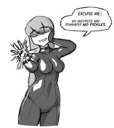  assertive_sub bodysuit dialogue drone dronification female_only femdom femsub greyscale happy_trance heart instzero latex long_hair original smile speech_bubble symbol_in_eyes tech_control text yuri 