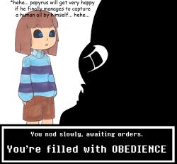  blue_eyes breasts brown_hair disguised_hypnotist femsub frisk_(undertale) maledom open_mouth sans_(undertale) shorts skeleton sketch smile standing straight-cut_bangs text undertale white_background 