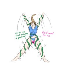  clothed femsub multiple_possessors original panties ponytail possession resisting slime spread_legs surprised text veillied white_background 