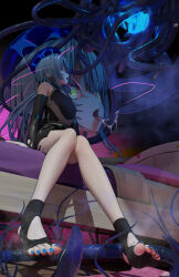  3d arknights barefoot cellnucleus drool feet foot_straps gloves hat hypnotic_eyes hypnotic_tentacle jellyfish kaa_eyes malesub mizuki_(arknights) open_mouth solo steam stirrups sweat tentacles toenail_polish tongue_out 