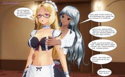  3d aurora_(jabberwocky) blonde_hair cleavage comic dialogue english_text femdom femsub glasses hypnolordx lena_lustrous_(hypnolordx) maid original speech_bubble standing standing_at_attention text 