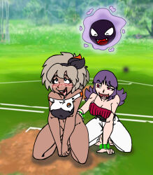 absurdres androgynous androgynous_dom bea_(pokemon) blue_eyes blush bottomless breasts crazycowproductions dark_skin drool femdom femsub gastly grey_hair happy_trance kneeling large_breasts nintendo open_mouth pet_play pokemon pokemon_(creature) pokemon_heartgold_and_soulsilver pokemon_sword_and_shield purple_hair red_eyes sabrina smile straight-cut_bangs