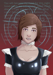 absurdres breasts brown_hair collar consensual female_only femsub humor kobold-komitee large_breasts latex magic maid patty_(vampire_the_masquerade) text vampire_the_masquerade