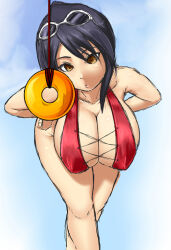  bent_over bikini black_hair breasts cleavage clothed_exposure coin crossed_eyes empty_eyes expressionless female_only femsub hand_on_hip hanging_breasts large_breasts leaning_forward looking_at_viewer manip micro_bikini pendulum pov pov_dom sheena_fujibayashi simple_background sketch solo sunglasses tiechonortheal_(manipper) traditional yellow_eyes 