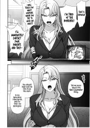  aiue_oka altered_common_sense angry before_and_after breasts cleavage clothed collarbone comic earrings expressionless femsub greyscale hard_translated huge_breasts long_hair male_pov maledom milf netorare open_mouth pov pov_dom reika_kurashiki saimin_seishidou speech_bubble text translated trigger 