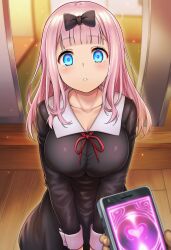 ai_art cell_phone femsub fujiwara_chika kaguya-sama_love_is_war large_breasts long_hair pink_hair school_uniform
