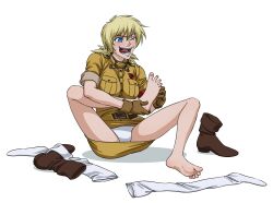 absurdres barefoot blonde_hair blush body_control breasts drool empty_eyes feet femsub hellsing large_breasts laughing open_mouth panties seras_victoria short_hair tears thighhighs tickling underwear victory-san