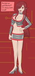  absurdres antenna bare_legs choker collarbone dialogue earpiece erza_scarlet fairy_tail female_only fembot femsub hair_covering_one_eye hand_on_hip happy_trance high_heels hy2300 jacket large_breasts latex long_hair midriff open_mouth red_eyes red_hair simple_background skirt smile solo speech_bubble standing tech_control text uniform very_long_hair 