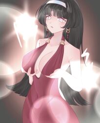 astra_yao bangs black_hair cleavage collarbone dress earrings expressionless femsub hair_band hime_cut holding_breasts huge_breasts large_breasts long_hair looking_at_viewer missmilkou open_mouth pink_eyes sideboob sparkle straight-cut_bangs symbol_in_eyes zenless_zone_zero