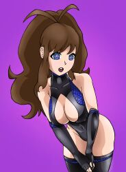 bare_shoulders blue_eyes blush breasts brown_hair bzurrrf cleavage empty_eyes erect_nipples expressionless female_only femsub fingerless_gloves gloves glowing glowing_eyes hilda latex leaning_forward leotard long_hair nintendo open_mouth opera_gloves pokemon pokemon_black_and_white ponytail smile spiral_eyes symbol_in_eyes thighhighs 