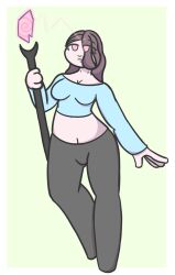  before_and_after border brown_hair clothed crop_top eyebrows_visible_through_hair female_only femsub glowing_eyes green_background hair_covering_one_eye long_hair lunarlillie midriff navel original pants pink_eyes shirt simple_background solo spiral spiral_eyes staff wide_hips 