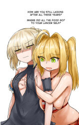 absurdres ahoge alternate_costume alternate_hairstyle angra_mainyu angry artoria_pendragon aware bare_shoulders blonde_hair body_control breasts corruption dialogue dress empty_eyes english_text eye_color_change eyebrows_visible_through_hair fate/extra fate/extra_ccc fate/grand_order fate/stay_night fate/stay_night_heaven&#039;s_feel fate_(series) femsub green_eyes groping hair_buns hair_color_change large_breasts navel nero_claudius_caesar_augustus_germanicus_(fate) platinum_blonde_hair possession saber_alter simple_background single_hair_bun steaming_tofu swimsuit text white_background yellow_eyes yuri