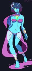  bare_legs barefoot black_background blue_hair blue_skin bow breasts cuffs deltarune expressionless feet femsub glowing glowing_eyes green_eyes hair_covering_one_eye hair_ornament harem_outfit hypnotic_accessory jewelry kris_(deltarune) majinsfw navel navel_piercing necklace non-binary non-binary_sub ribbon scarf see-through simple_background solo spiral_eyes standing tagme veil 