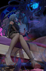  3d arknights barefoot cellnucleus drool feet gloves hat hypnotic_eyes hypnotic_tentacle jellyfish kaa_eyes malesub mizuki_(arknights) open_mouth solo steam sweat tentacles thighhighs toenail_polish tongue_out 
