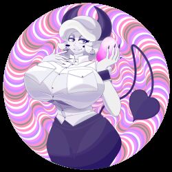 animated animated_gif breasts demon earrings female_only femdom horns huge_breasts hypnotic_accessory jewelry long_nails magic mesmericle original sheolpatrol short_hair skirt solo spiral tail white_hair 