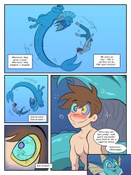  androgynous androgynous_dom barefoot blush brown_hair bulge comic dialogue erection erection_under_clothes feet feger23 floating happy_trance hypnotic_eyes kaa_eyes male_only malesub nintendo open_mouth original ping pokemon pokemon_(creature) short_hair size_difference smile text topless underwater vaporeon 