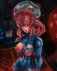  absurdres alien androgynous androgynous_dom blonde_hair blue_eyes bodysuit brain_injection breast_expansion breasts drool eyeshadow female_only femsub glowing glowing_eyes huge_nipples lactation large_breasts lipstick metroid metroid_(series) milk nintendo nipples open_mouth parasite ponytail reliusmax samus_aran solo standing zero_suit 