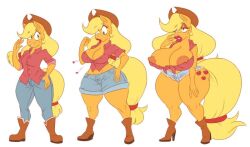 applejack bimbofication blonde_hair boots brain_drain breast_expansion breasts breasts_outside cleavage cowgirl femsub furry hat high_heels jean_shorts jeans lamarkey large_breasts large_hips long_hair makeup my_little_pony open_clothes puckered_lips sequence tattoo transformation very_long_hair