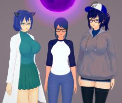 3d blue_eyes blue_hair celes_(electrickronos) clothed empty_eyes femsub freckles glasses grey_background holly_(thehguy) jeans katie_(edgeofthemoon) koikatsu! original ponytail simple_background skirt standing tagme thehguy 