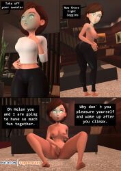  3d absurdres anus barefoot bottomless breasts brown_hair comic disney elastigirl feet female_only femsub helen_parr large_breasts masturbation nude pussy pussy_juice shrunken_irises source_filmmaker super_hero supercasket text the_incredibles topless undressing undressing_command 