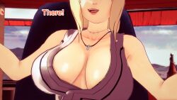 aware blonde_hair cleavage clothed dialogue dogdog drunk english_text female_only naruto_(series) necklace solo text tsunade