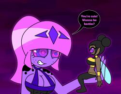 aura bare_shoulders bee_girl bisexual black_hair bumblebee_(teen_titans) choker cleavage dark_skin dc_comics earrings english_text eyebrows_visible_through_hair eyelashes female_only femdom femsub freckles hair_buns hair_ornament hypnoscream hypnotic_eyes large_breasts midriff open_mouth original pants pink_hair ponytail pride_colors purple_background purple_skin queen_kathryst_(hypnoscream) shiny_hair simple_background size_difference smile straight-cut_bangs surprised teen_titans wings