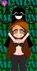  alternate_costume arms_above_head brown_eyes brown_hair charlotte_emily choker cleavage collarbone dancer dual_persona eyebrows_visible_through_hair eyelashes female_only femdom femsub five_nights_at_freddy's green_background happy_trance harem_outfit hypnoscream large_breasts long_hair midriff navel personification puppet_(fnaf) shiny_hair simple_background smile spiralwash_eyes 