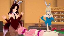 3d blake_(blakiee) blonde_hair blue_eyes blue_hair bottle brown_hair bunny_boy bunny_ears bunny_girl bunnysuit cat_boy cat_ears clothed_exposure femboy femdom fox_ears fox_girl fox_tail green_eyes hypnovember jamie_(blakiee) kitsune_girl koikatsu! liz_(blakiee) malesub milena multiple_girls multiple_tails pink_hair tech_control visor