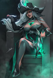  body_markings breasts chair cleavage corruption eye_color_change femsub glowing glowing_eyes green_eyes gun hair_color_change hat high_heels league_of_legends long_hair maledom miss_fortune_(league_of_legends) nail_polish pirate possession ruination sirenlin viego_(league_of_legends) weapon white_hair 